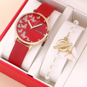 Casual Women Analog Wrist Watch Bracelet 2pcs Set Butterfly